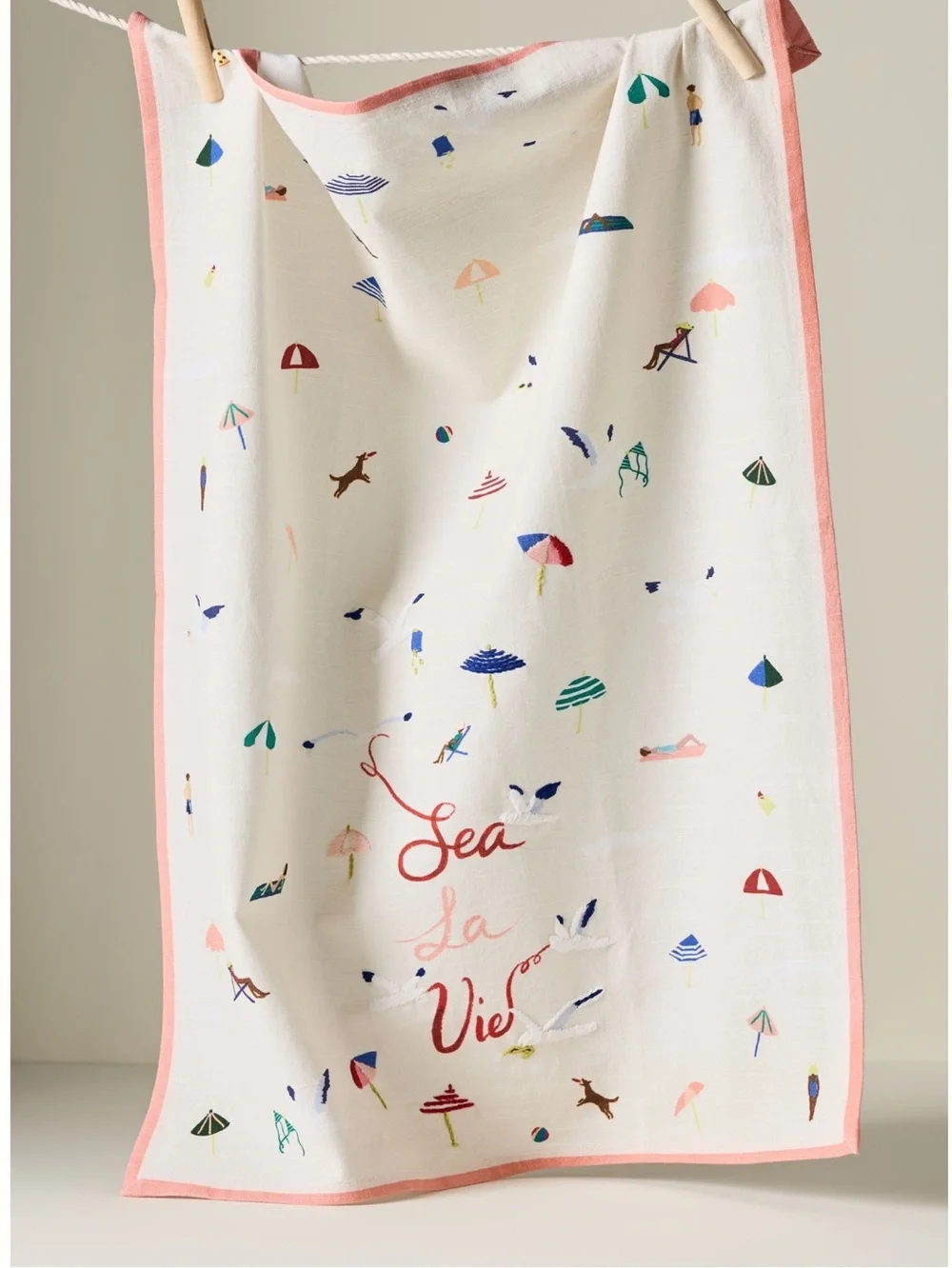 ⛱️Anthropologie Embroidered Dish Towel Seagull Beach Umbrella Dog Coastal Sea
